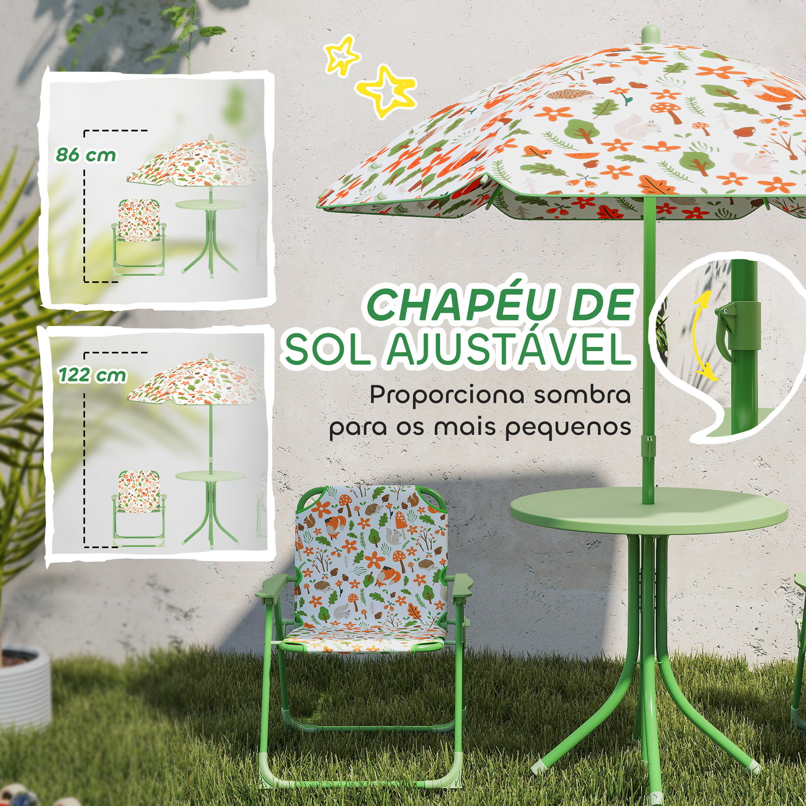 Conjunto de mesa e cadeiras para crianças de jardim com cadeiras dobráveis chapéu de sol ajustável e desenho de raposas verde