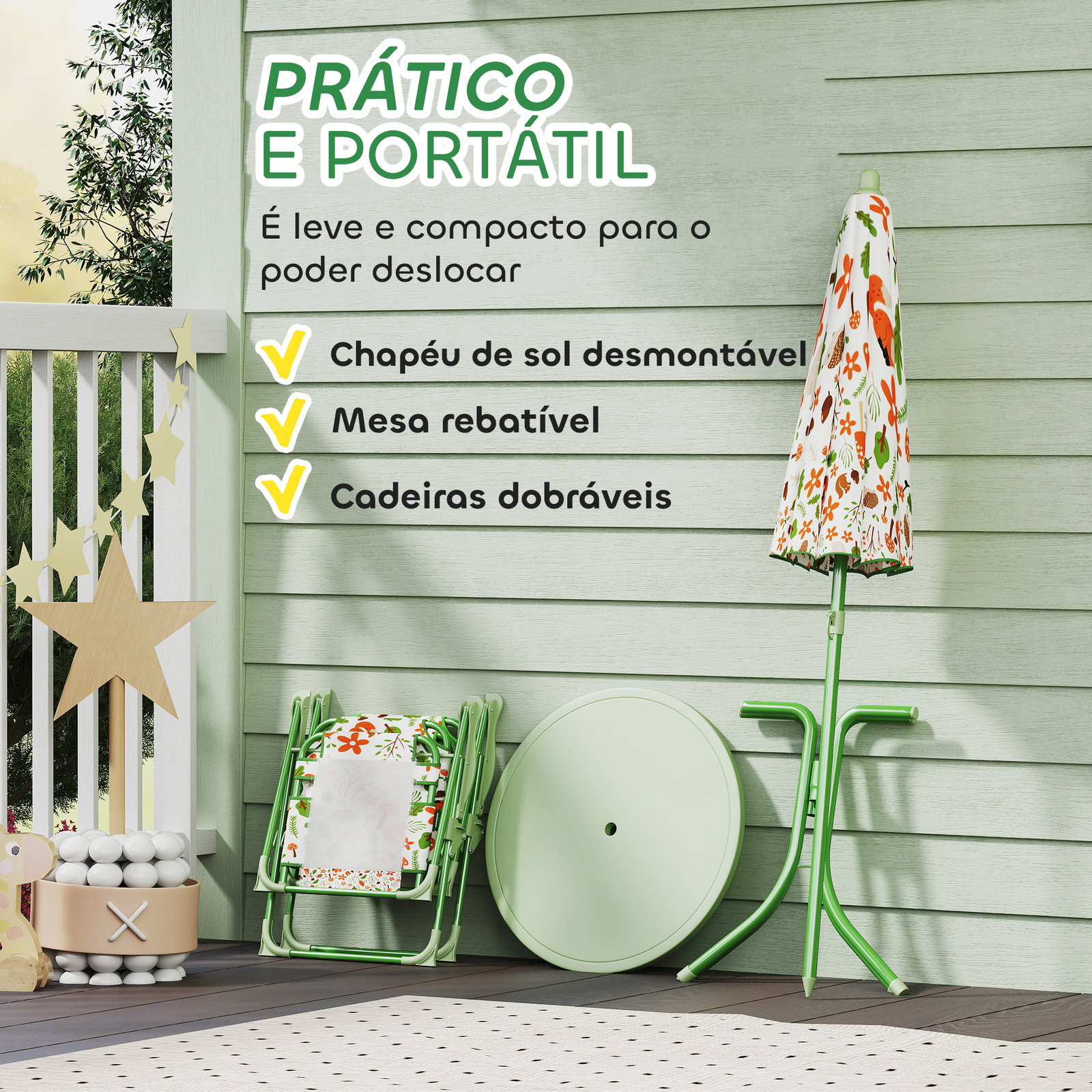Conjunto de mesa e cadeiras para crianças de jardim com cadeiras dobráveis chapéu de sol ajustável e desenho de raposas verde