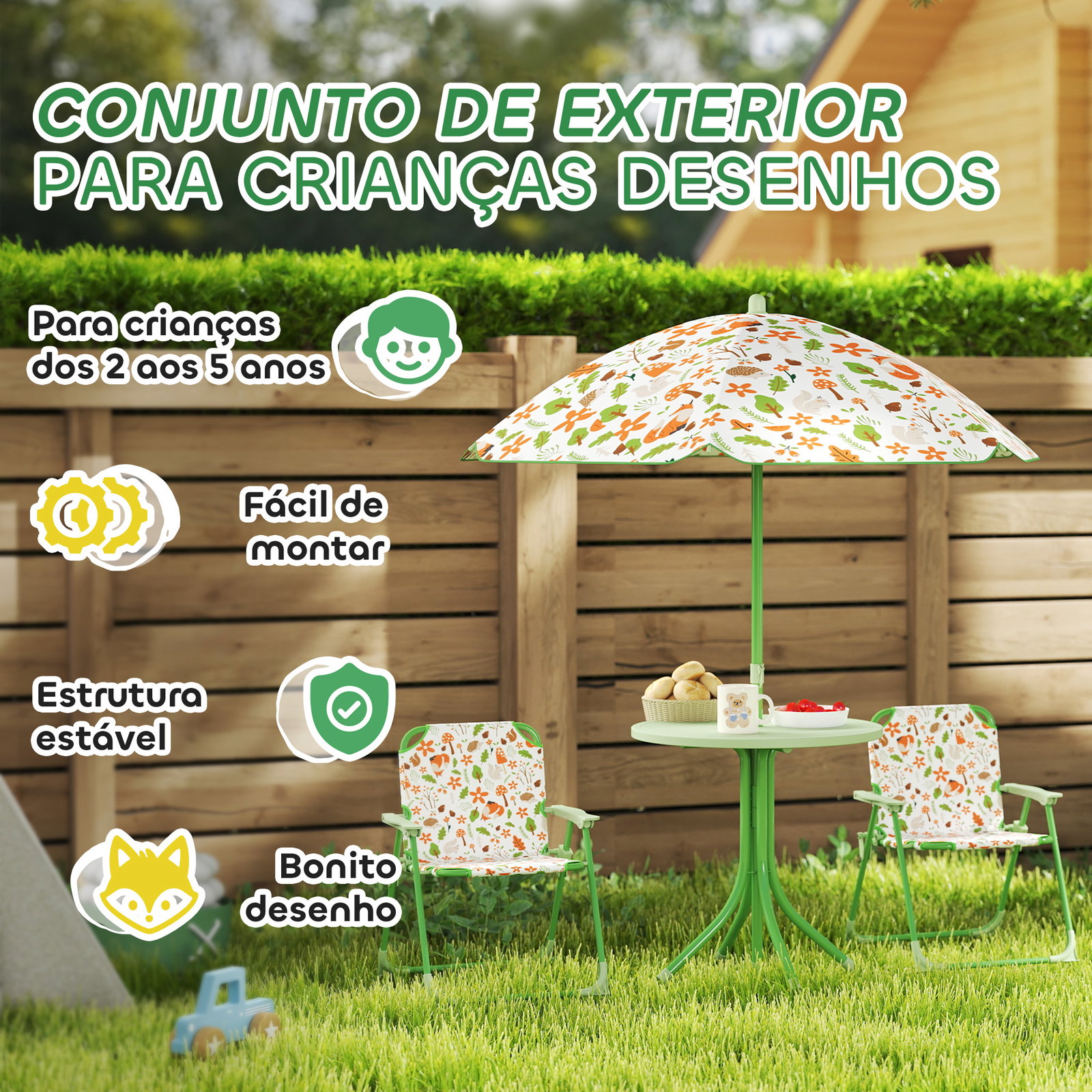 Conjunto de mesa e cadeiras para crianças de jardim com cadeiras dobráveis chapéu de sol ajustável e desenho de raposas verde