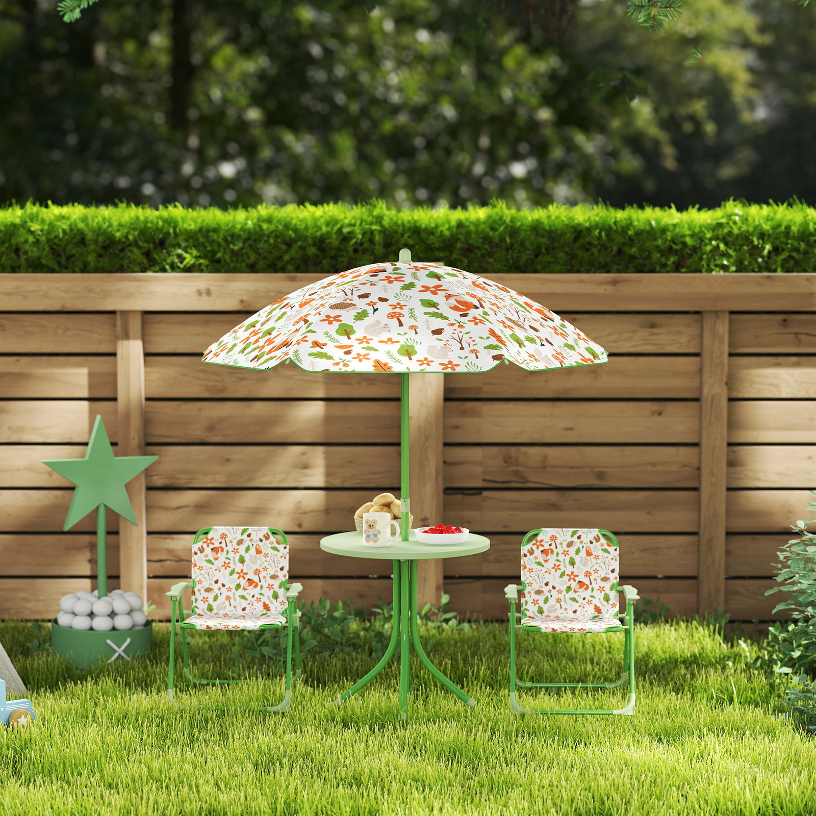 Conjunto de mesa e cadeiras para crianças de jardim com cadeiras dobráveis chapéu de sol ajustável e desenho de raposas verde