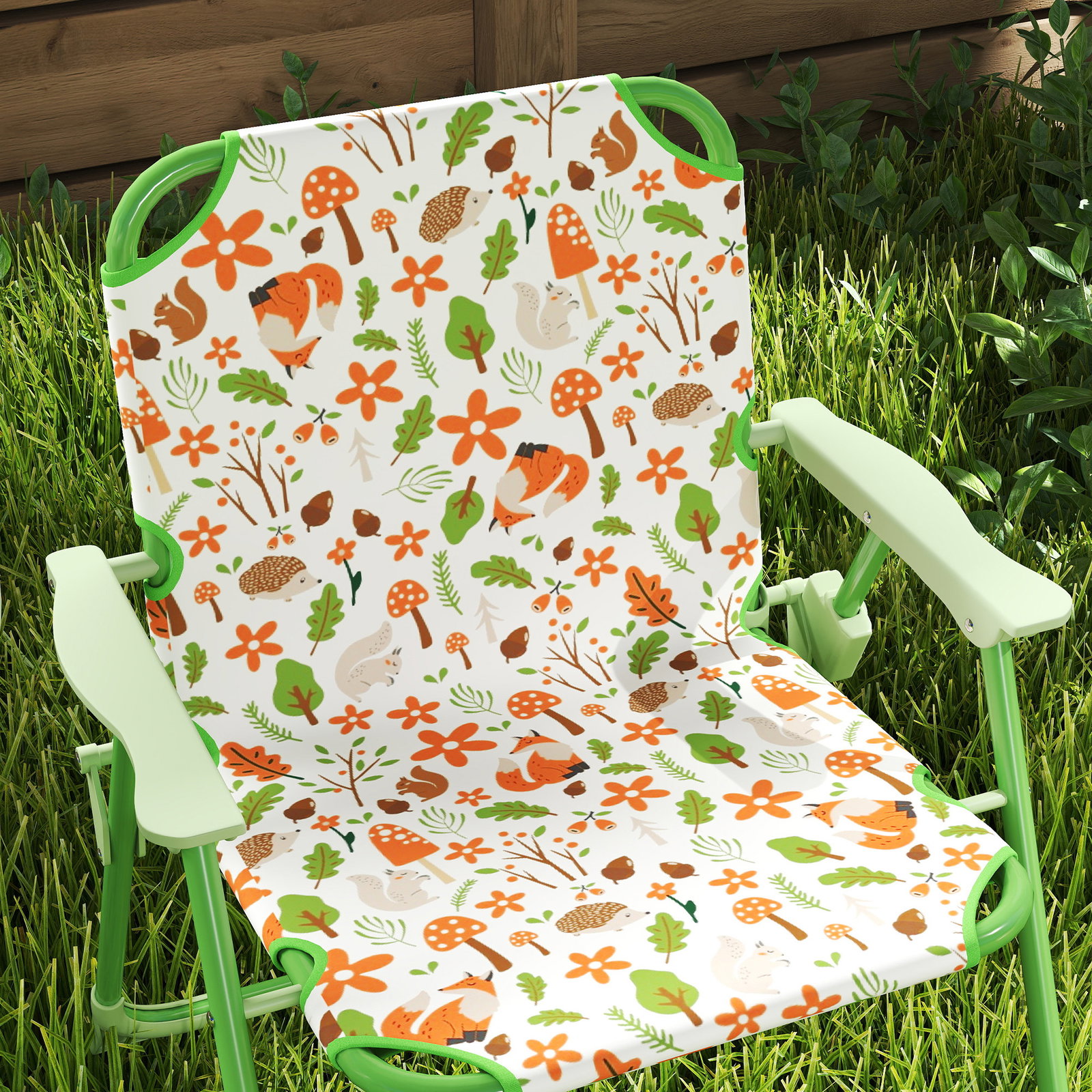 Conjunto de mesa e cadeiras para crianças de jardim com cadeiras dobráveis chapéu de sol ajustável e desenho de raposas verde