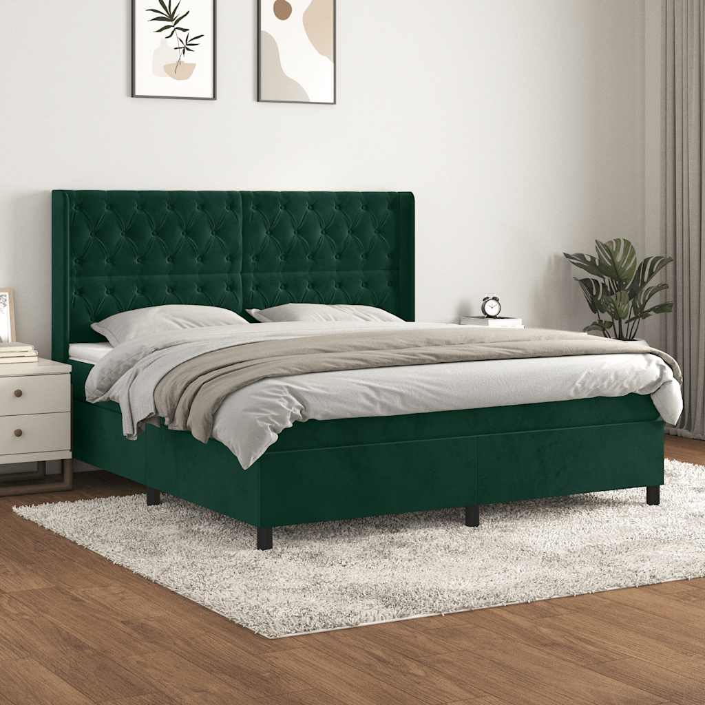 Cama com molas/colchão 180x200 cm veludo verde-escuro