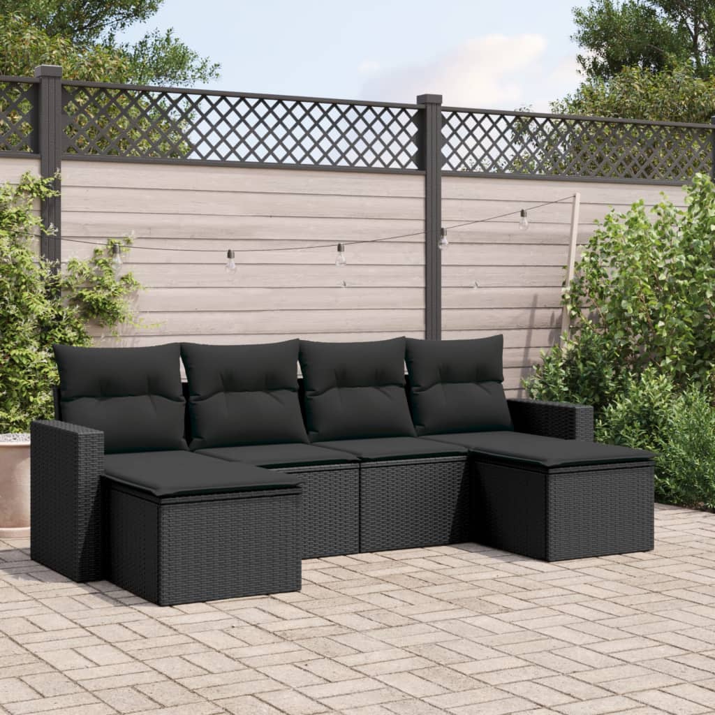 6 Pcs conjunto sofás de jardim c/ almofadões vime PE preto