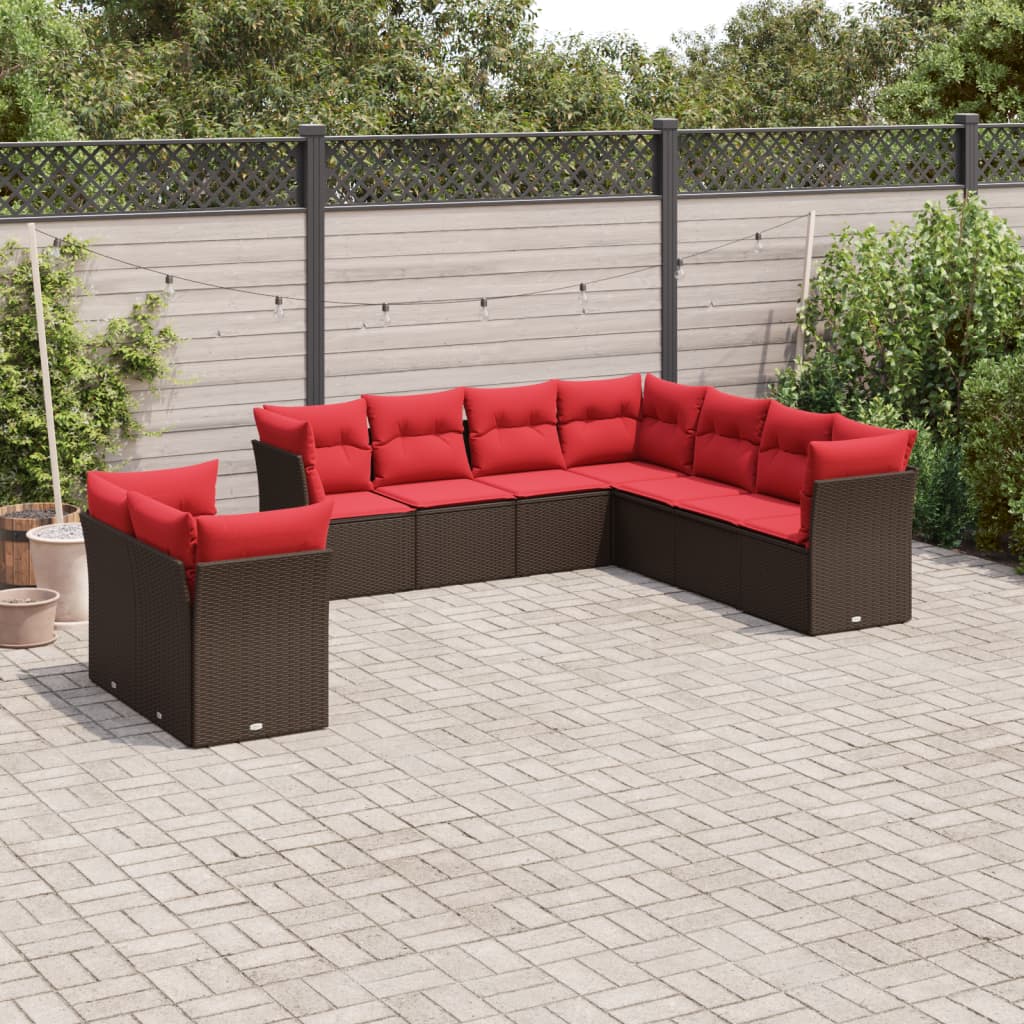 Conjunto de sofá de jardim com 9 peças e almofadas em rattan sintético marrom