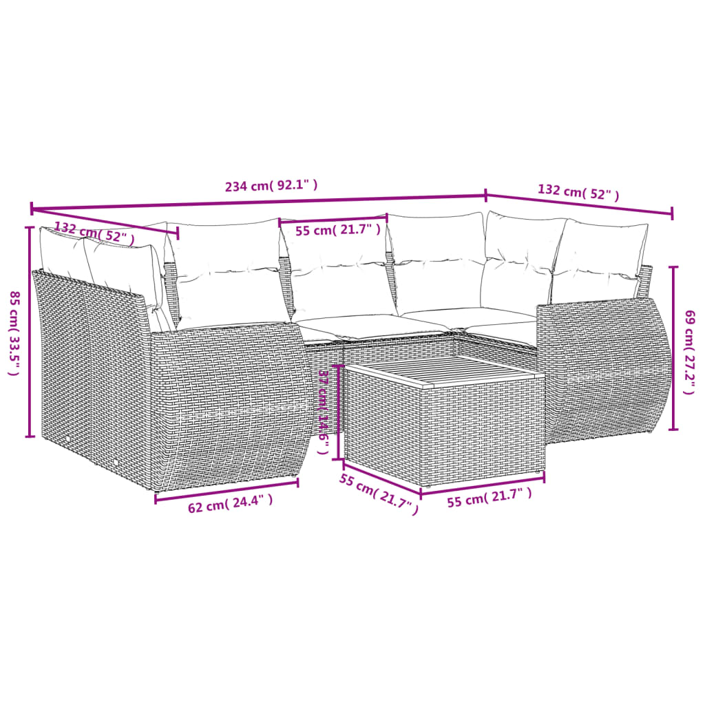 7 Pcs conjunto de sofás p/ jardim c/ almofadões vime PE preto