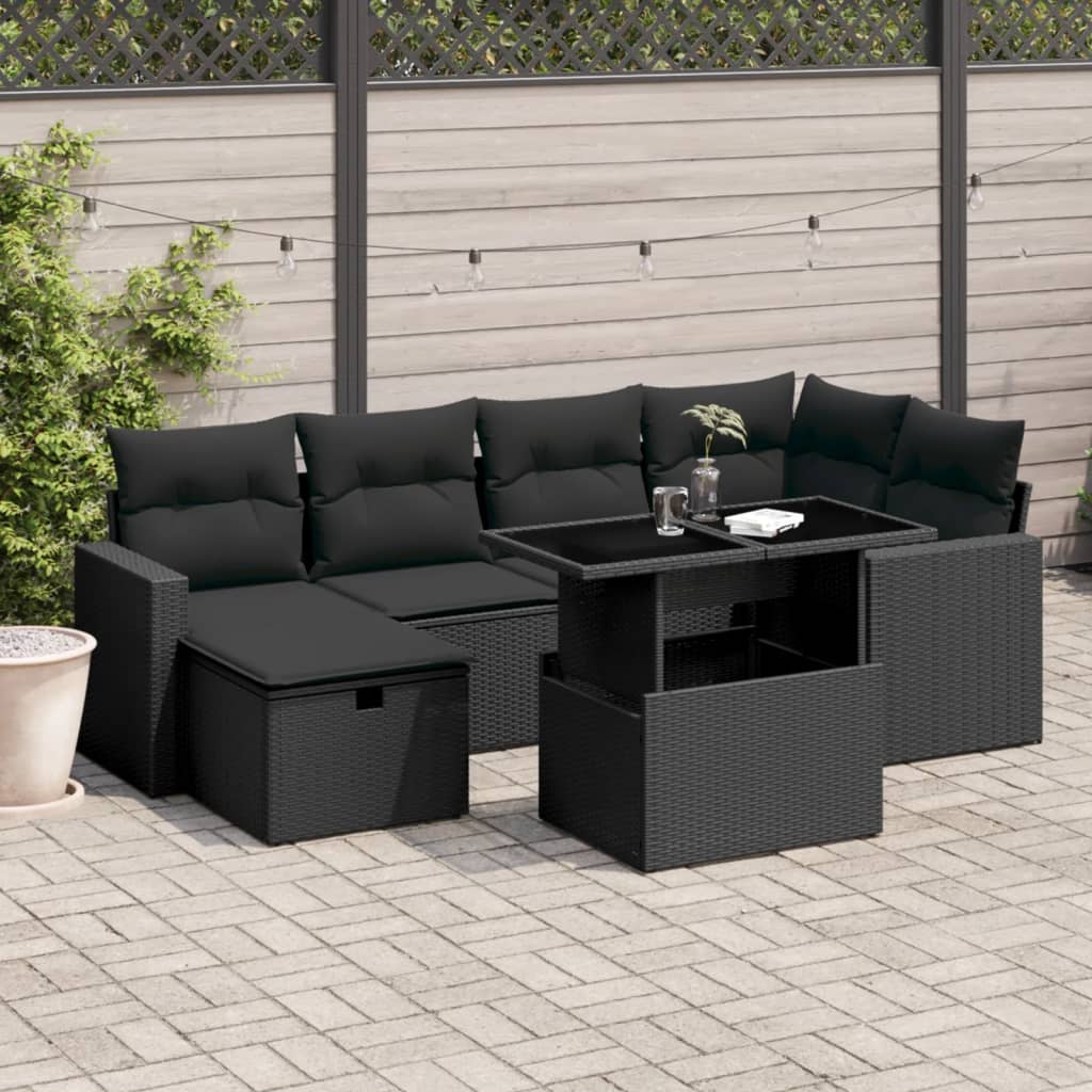 7 Pcs conjunto de sofás p/ jardim c/ almofadões vime PE preto