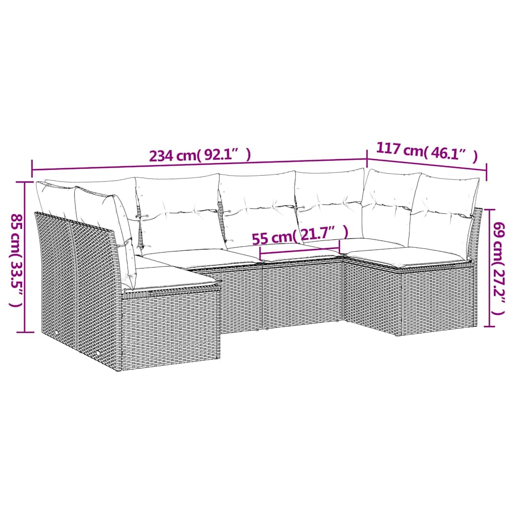 6 Pcs conjunto sofás de jardim c/ almofadões vime PE preto