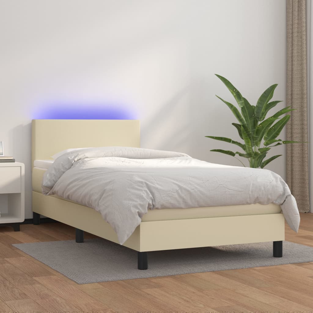 Cama box spring c/ colchão/LED 100x200cm couro artificial creme