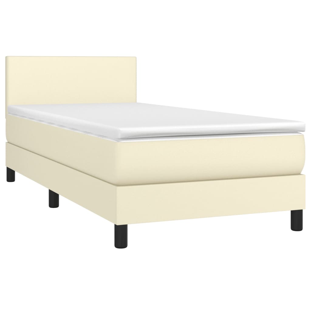 Cama box spring c/ colchão/LED 100x200cm couro artificial creme