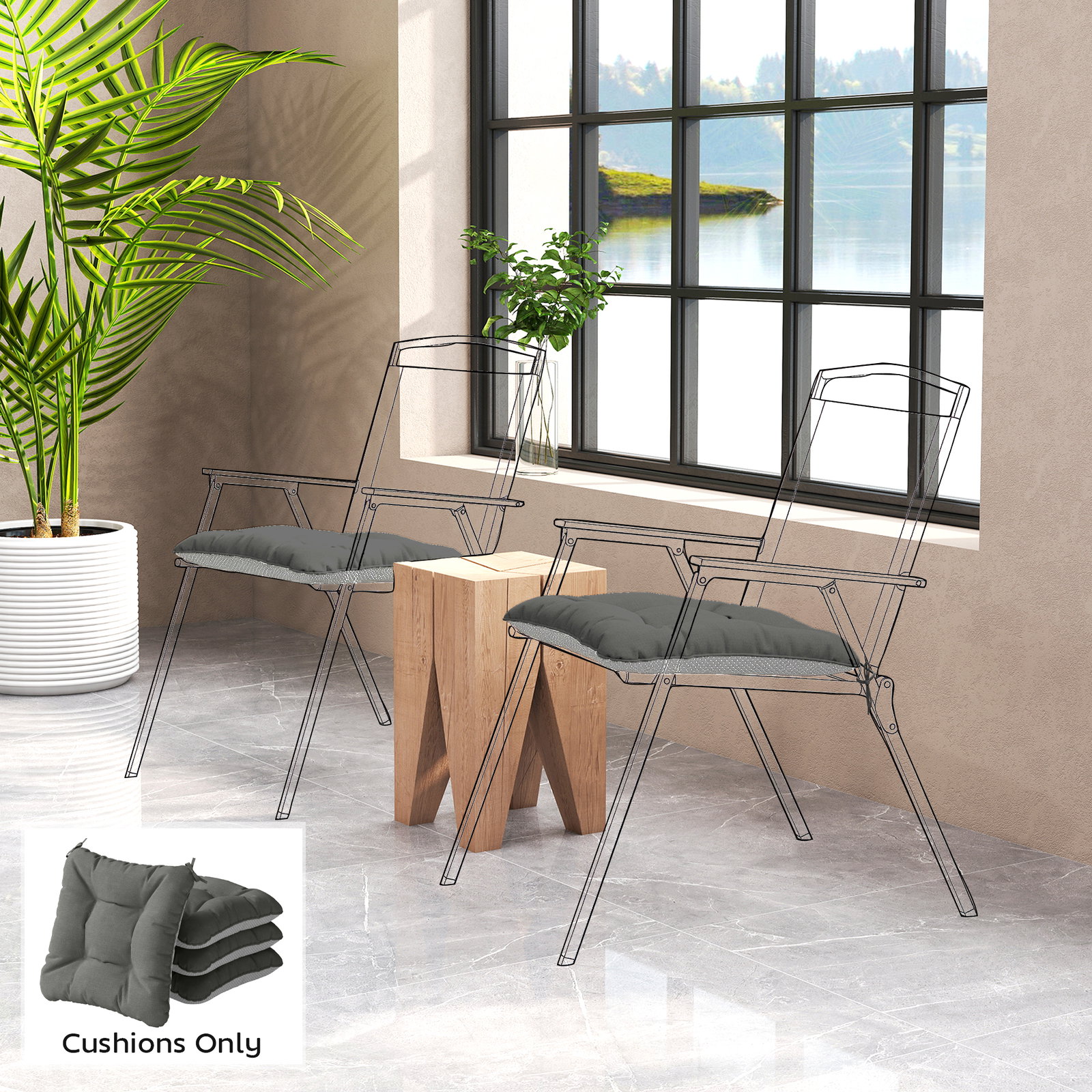 Conjunto de 4 almofadas para cadeiras de jardim com laços e base antiderrapante impermeáveis 39,5x39,5x10 cm cinzento escuro