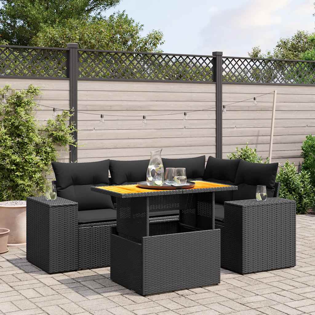 5 Pcs conjunto sofás de jardim com almofadões vime PE preto