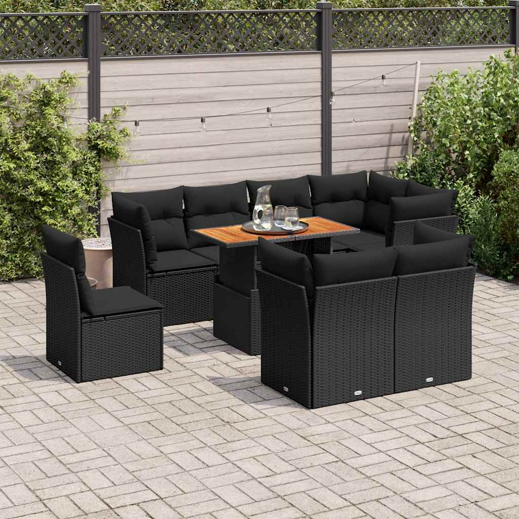 9 Pcs conjunto de sofás p/ jardim c/ almofadões vime PE preto