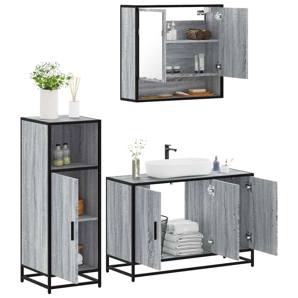 3 Pcs conjunto móveis casa de banho madeira proc. cinza sonoma