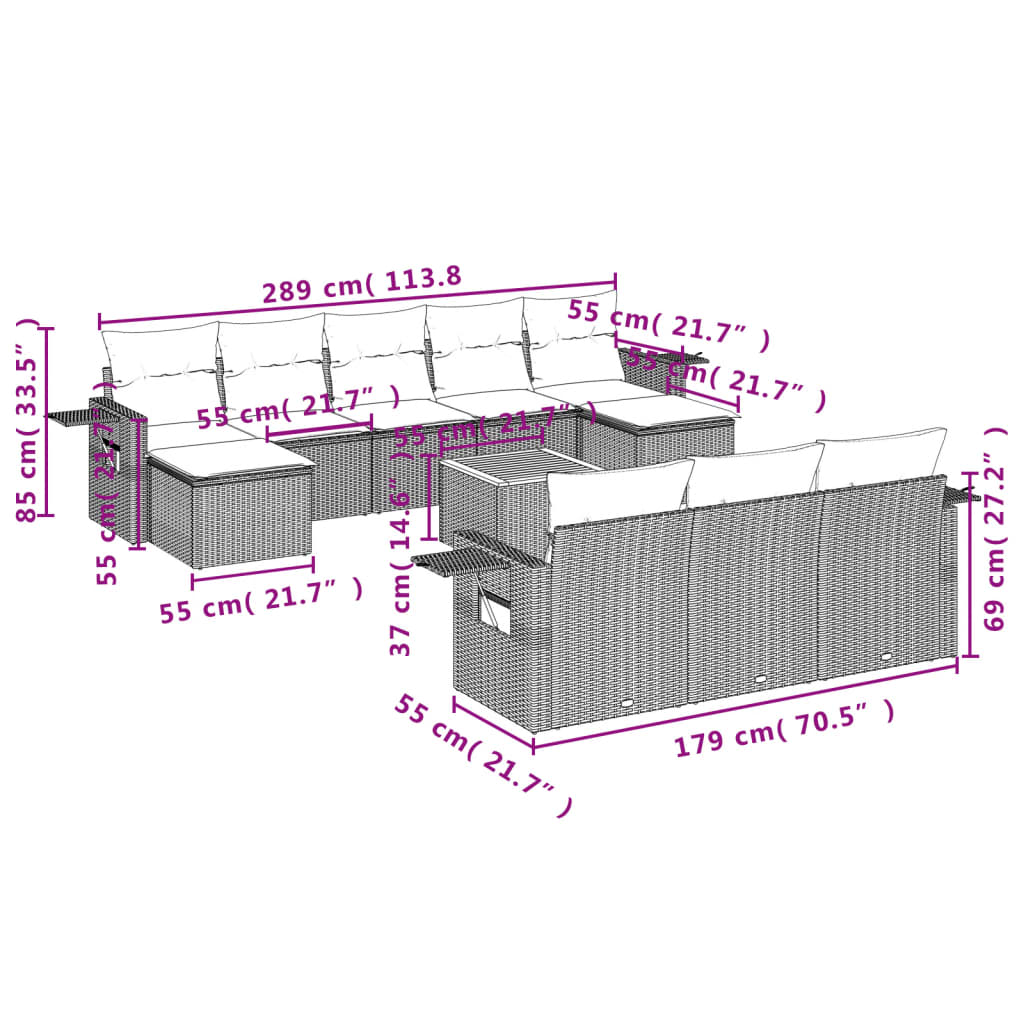 11 Pcs conjunto sofás de jardim c/ almofadões vime PE cinzento