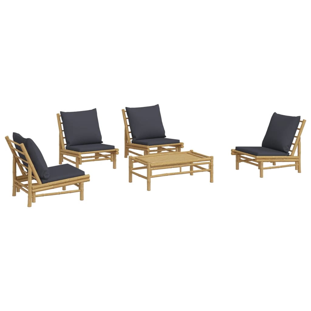 5 Pcs conjunto lounge jardim bambu c/ almofadões cinza-escuro