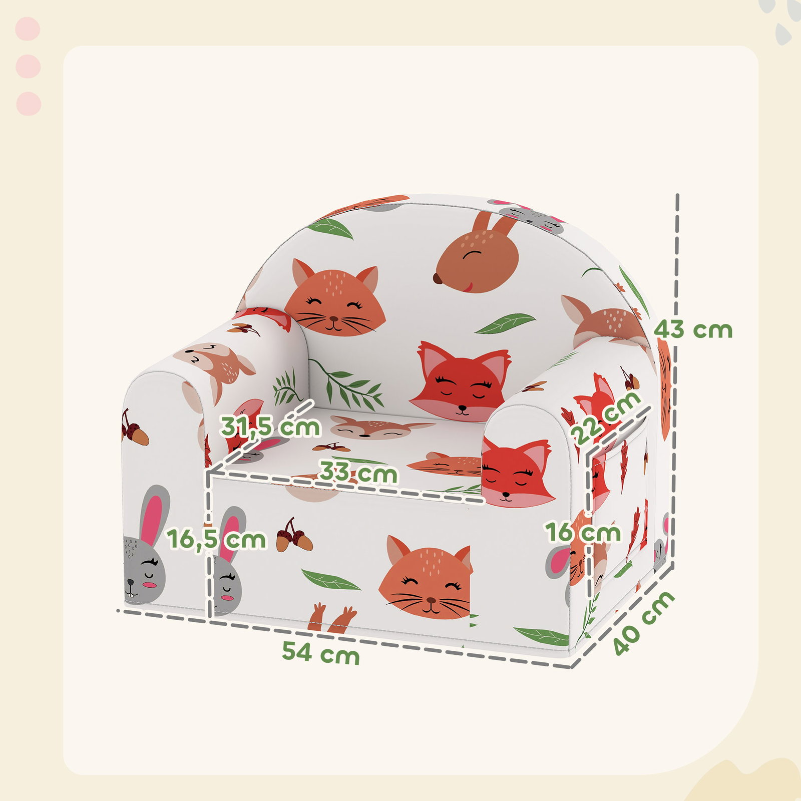Sofá para crianças com estampa de raposas com capa removível e lavável bolso lateral apoio de braços 54x40x43 cm branco