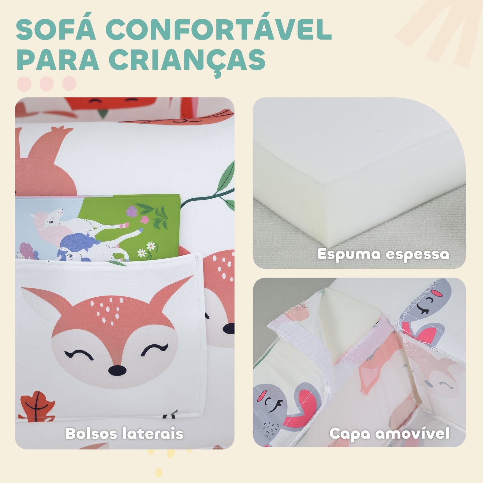 Sofá para crianças com estampa de raposas com capa removível e lavável bolso lateral apoio de braços 54x40x43 cm branco