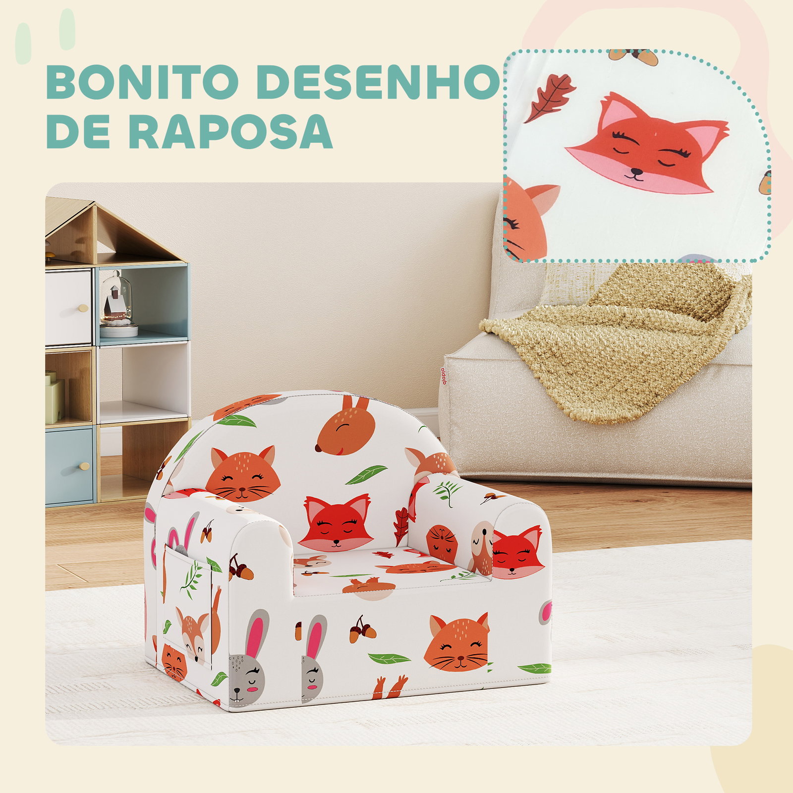 Sofá para crianças com estampa de raposas com capa removível e lavável bolso lateral apoio de braços 54x40x43 cm branco