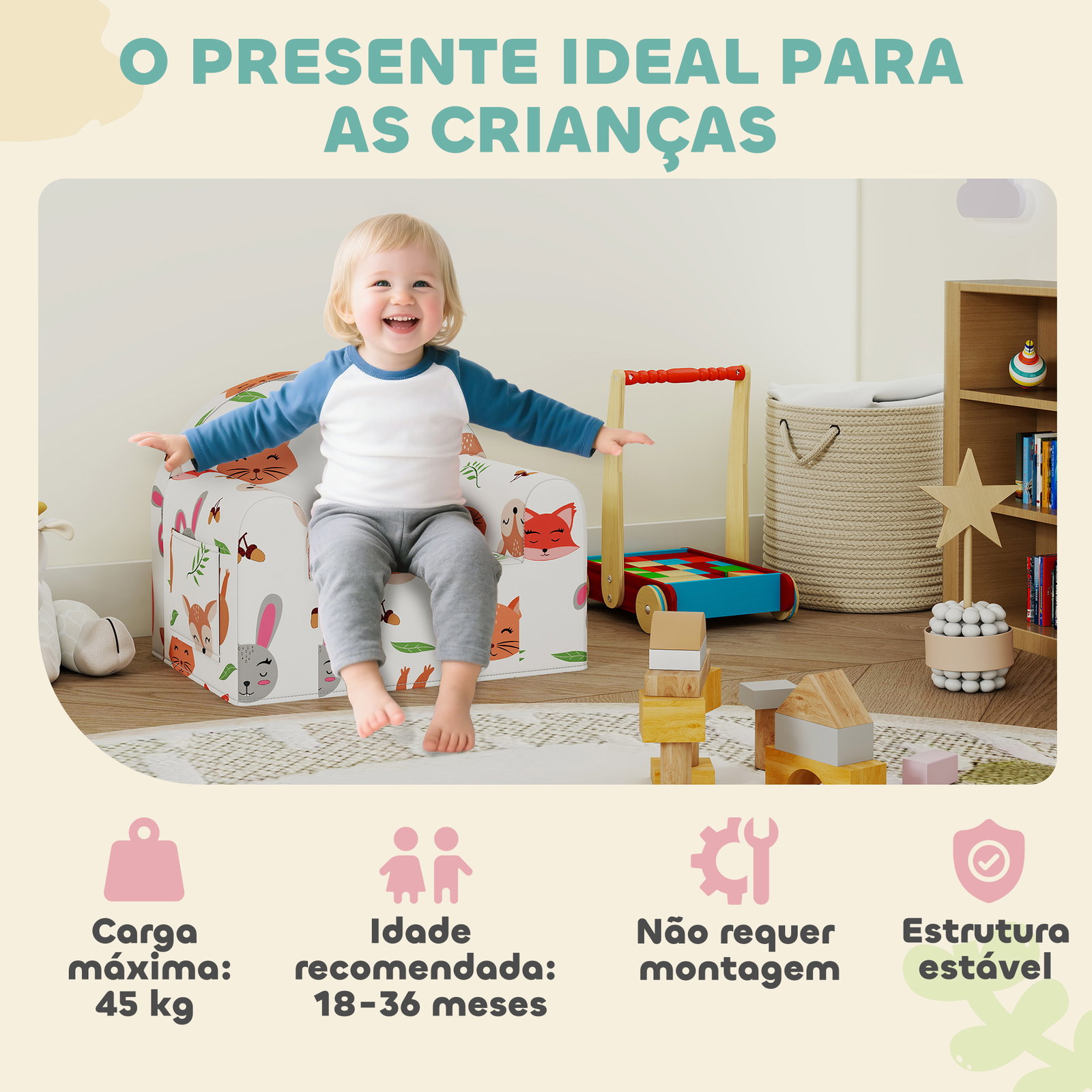 Sofá para crianças com estampa de raposas com capa removível e lavável bolso lateral apoio de braços 54x40x43 cm branco