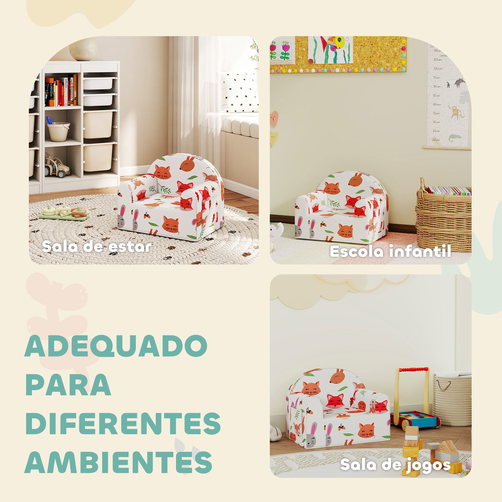 Sofá para crianças com estampa de raposas com capa removível e lavável bolso lateral apoio de braços 54x40x43 cm branco