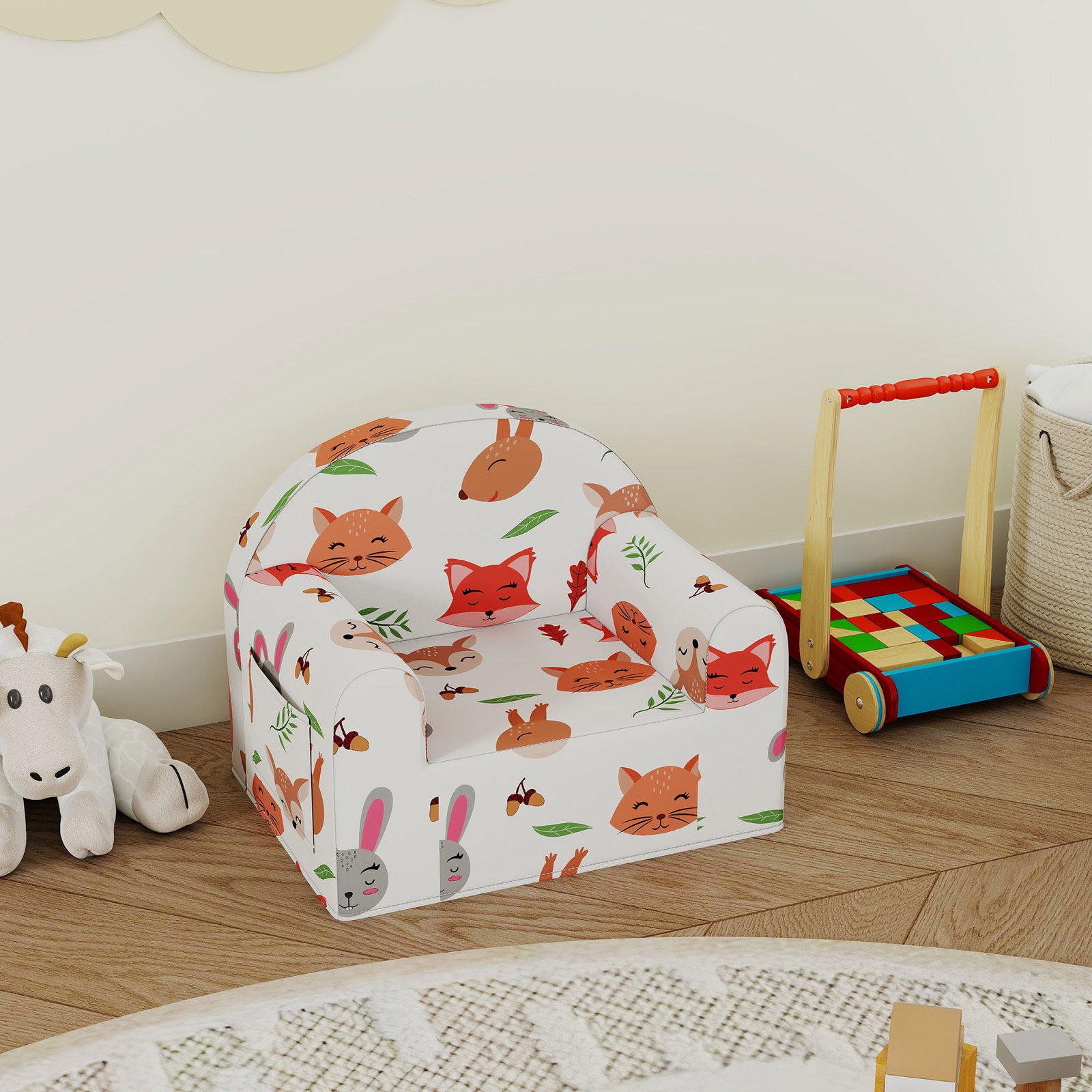 Sofá para crianças com estampa de raposas com capa removível e lavável bolso lateral apoio de braços 54x40x43 cm branco