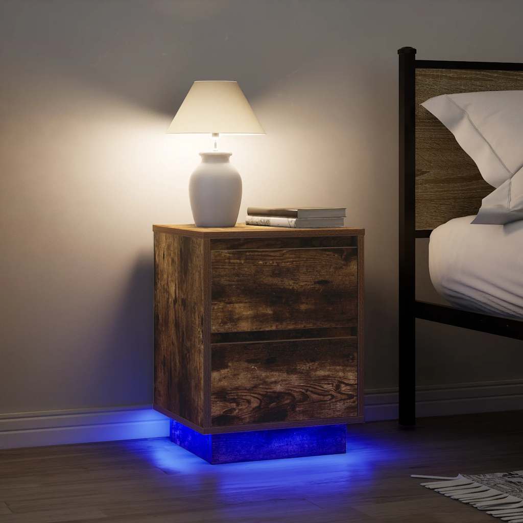 Mesas cabeceira c/ luzes LED 2 pcs 38x34x50 cm carvalho fumado