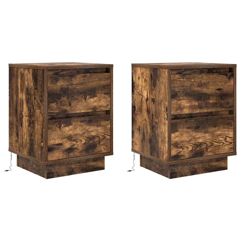 Mesas cabeceira c/ luzes LED 2 pcs 38x34x50 cm carvalho fumado