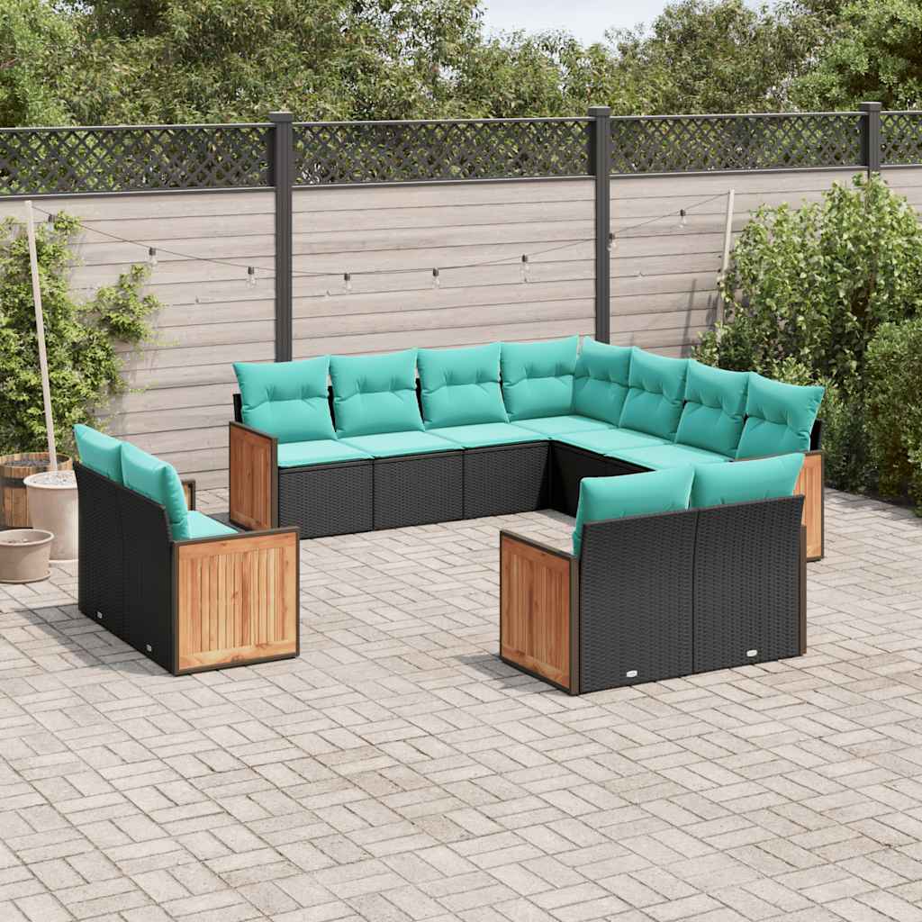 Conjunto de sofá de jardim com 11 peças e almofadas em rattan sintético preto