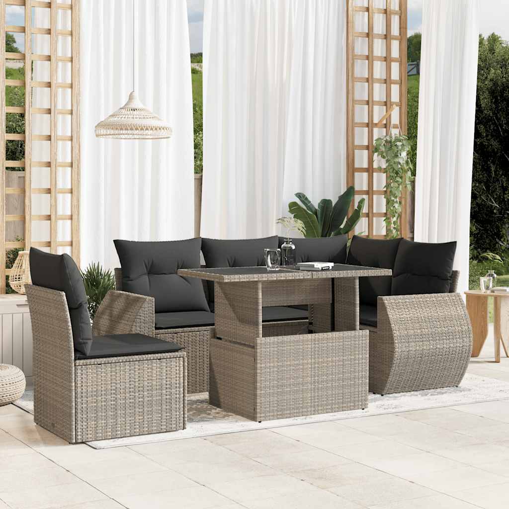 6 Pcs conj. sofás jardim com almofadões vime PE cinzento-claro