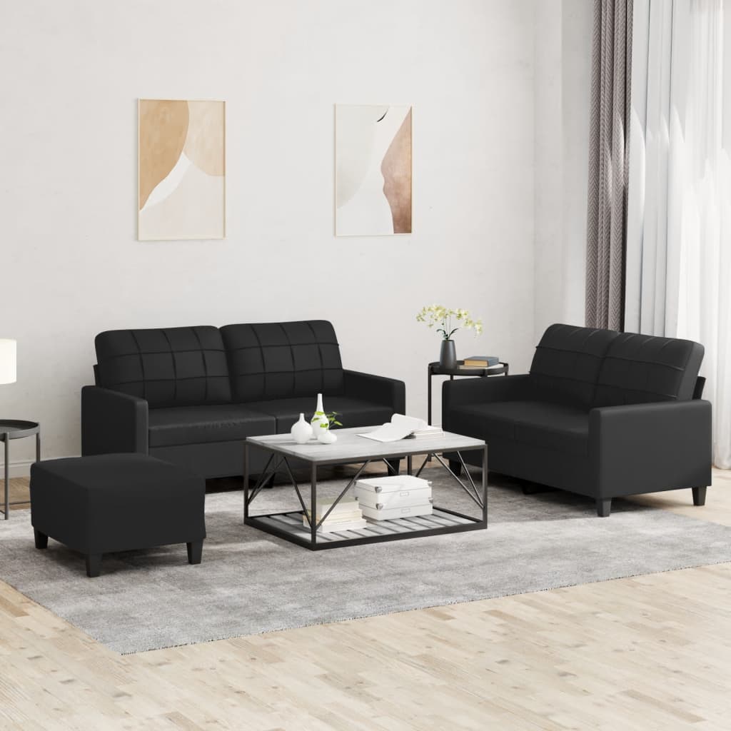 3 Pcs conjunto de sofás com almofadões couro artificial preto