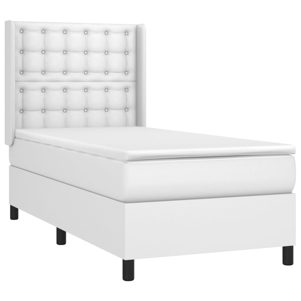 Cama box spring c/ colchão/LED 90x200cm couro artificial branco