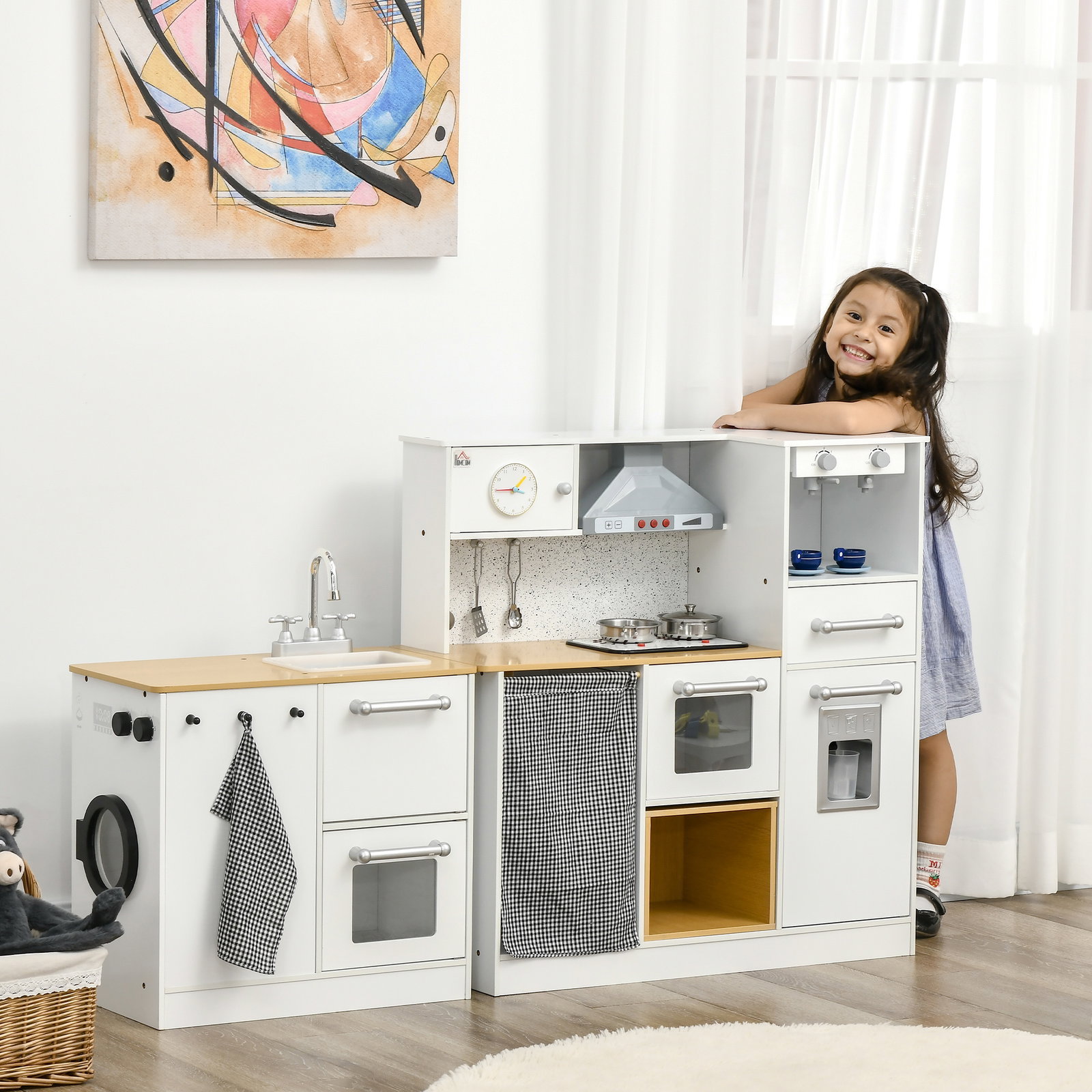 Cozinha infantil de madeira cozinha para crianças acima de 3 anos com luz sons máquina de café frigorífico lavatório branca