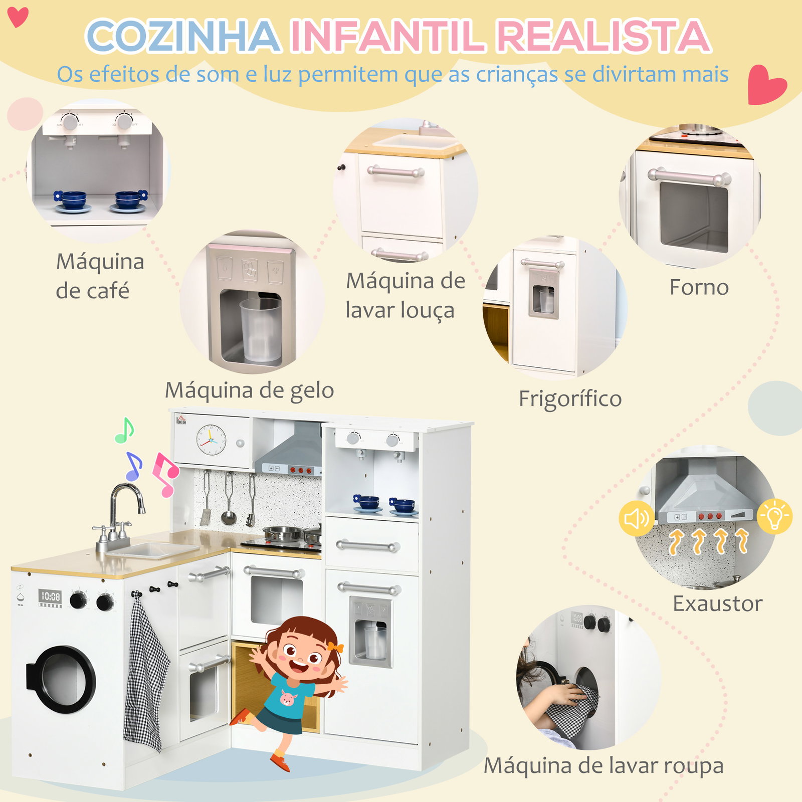 Cozinha infantil de madeira cozinha para crianças acima de 3 anos com luz sons máquina de café frigorífico lavatório branca
