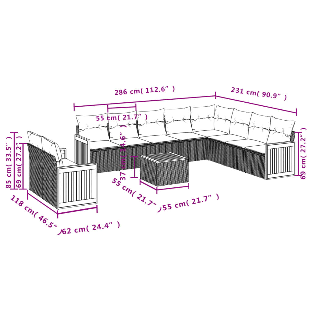 11 Pcs conjunto sofás de jardim c/ almofadões vime PE cinzento