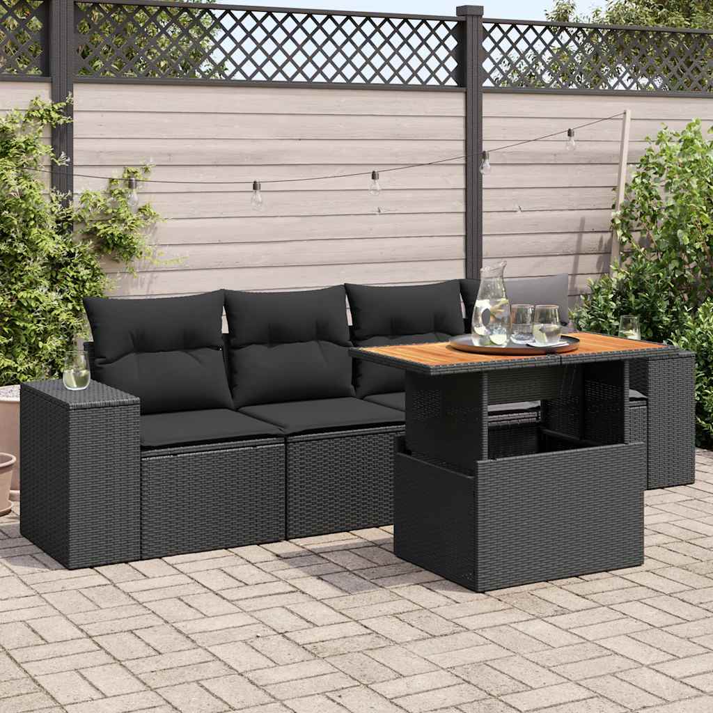 5 Pcs conjunto sofás de jardim com almofadões vime PE preto