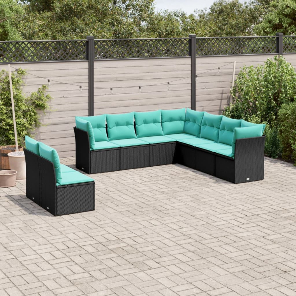 Conjunto de sofá de jardim de 9 peças com almofadas em rattan sintético preto