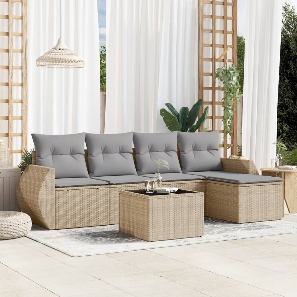 6 Pcs conjunto de sofás p/ jardim com almofadões vime PE bege