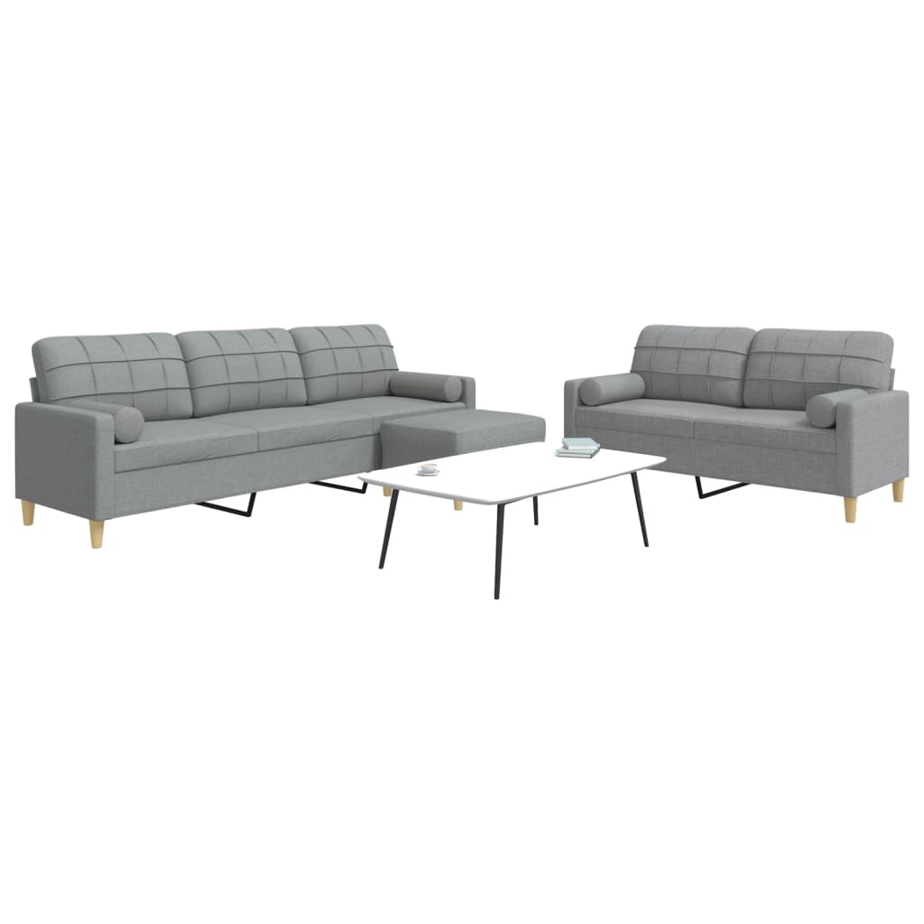3Pcs conjunto sofás c/ almofadões/apoio pés tecido cinza-claro