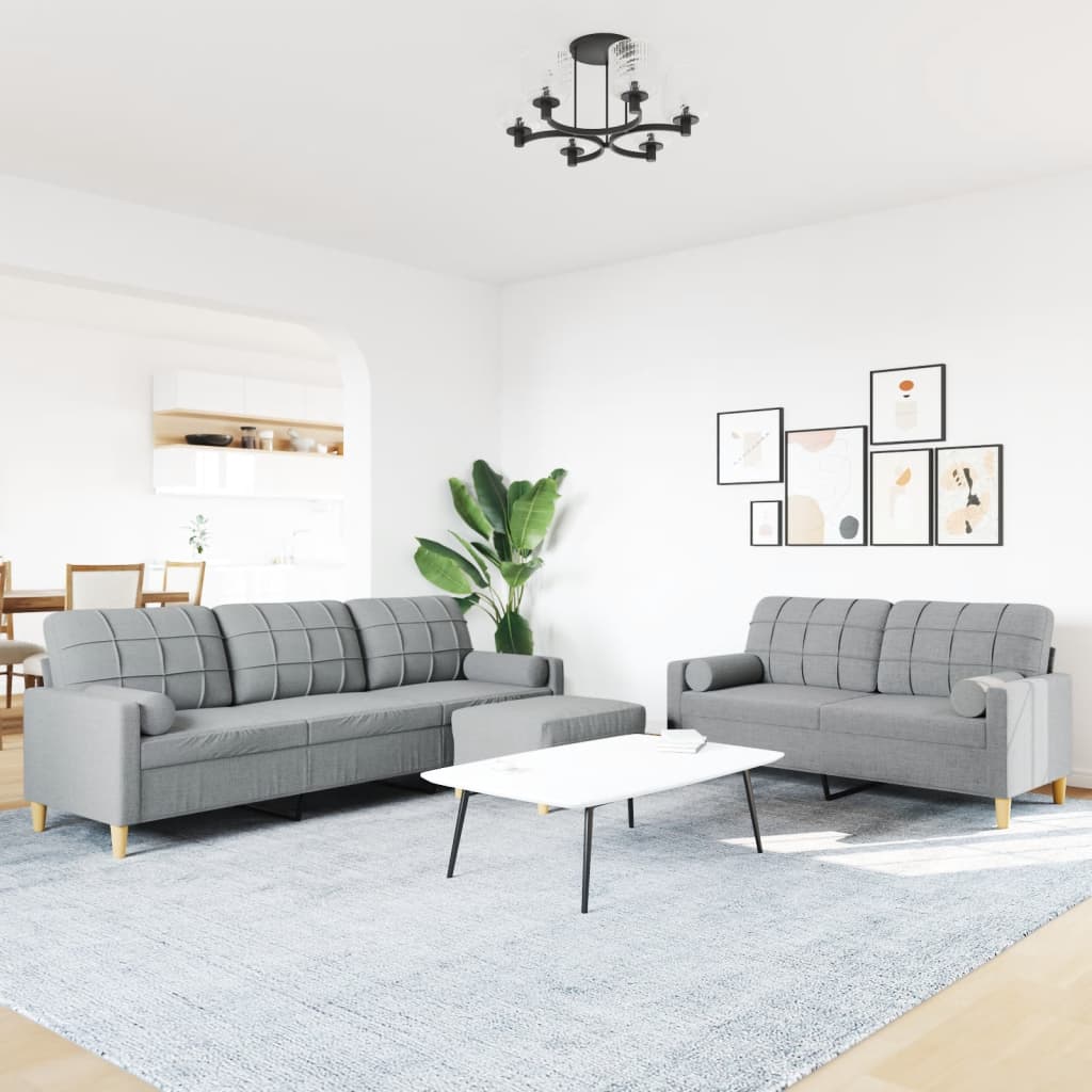 3Pcs conjunto sofás c/ almofadões/apoio pés tecido cinza-claro