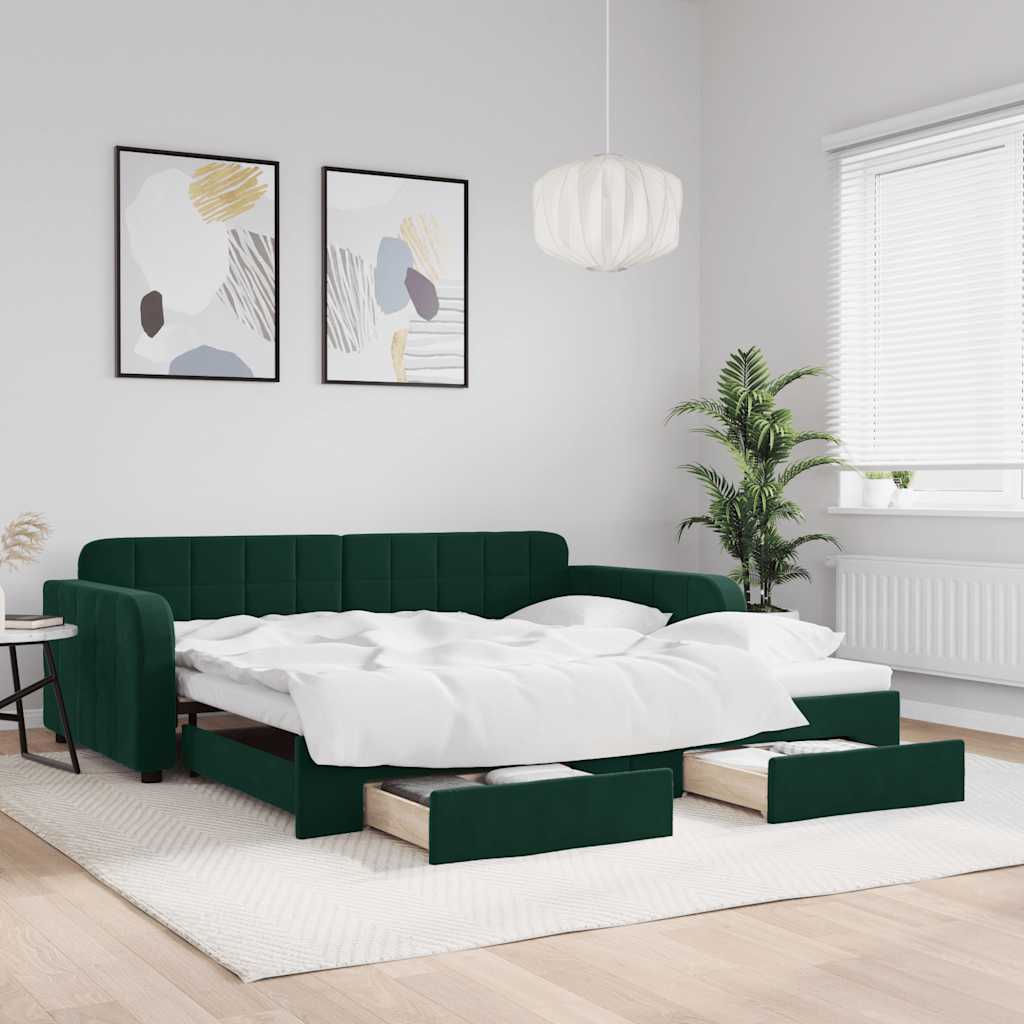 Sofá-cama c/ gavetão e gavetas 100x200 cm veludo verde-escuro