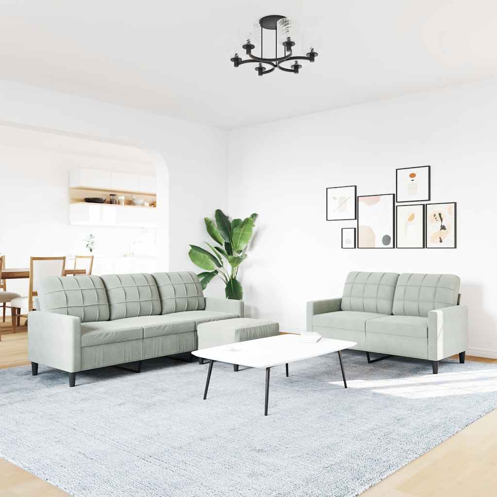 3 Pcs conjunto de sofás com almofadões veludo cinzento-claro