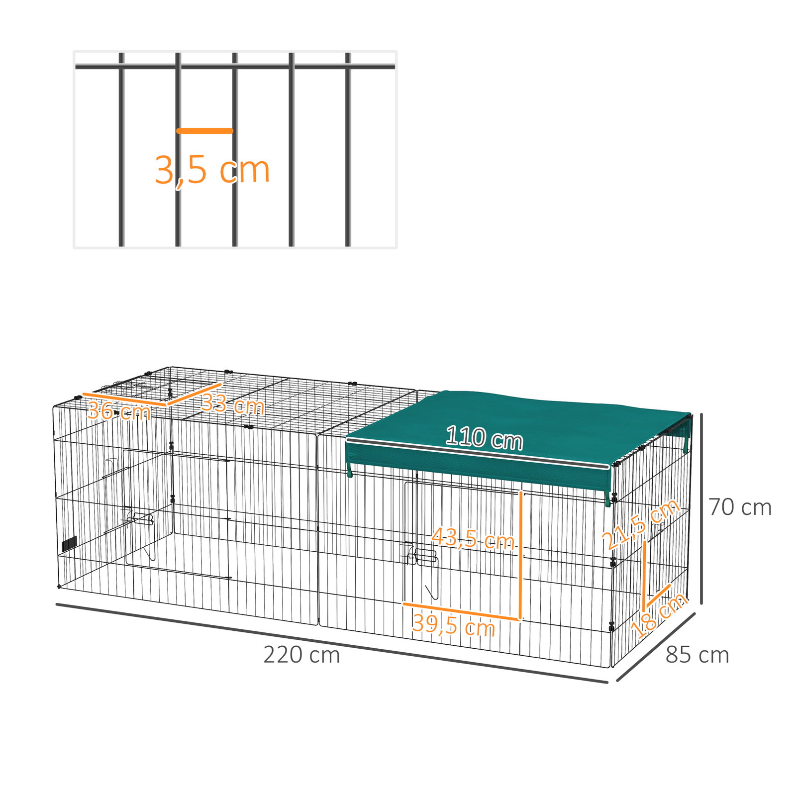 Gaiola para animais pequenos gaiola para roedores de aço com porta e toldo para coelhos chinchilas galinhas 220x85x70 cm verde