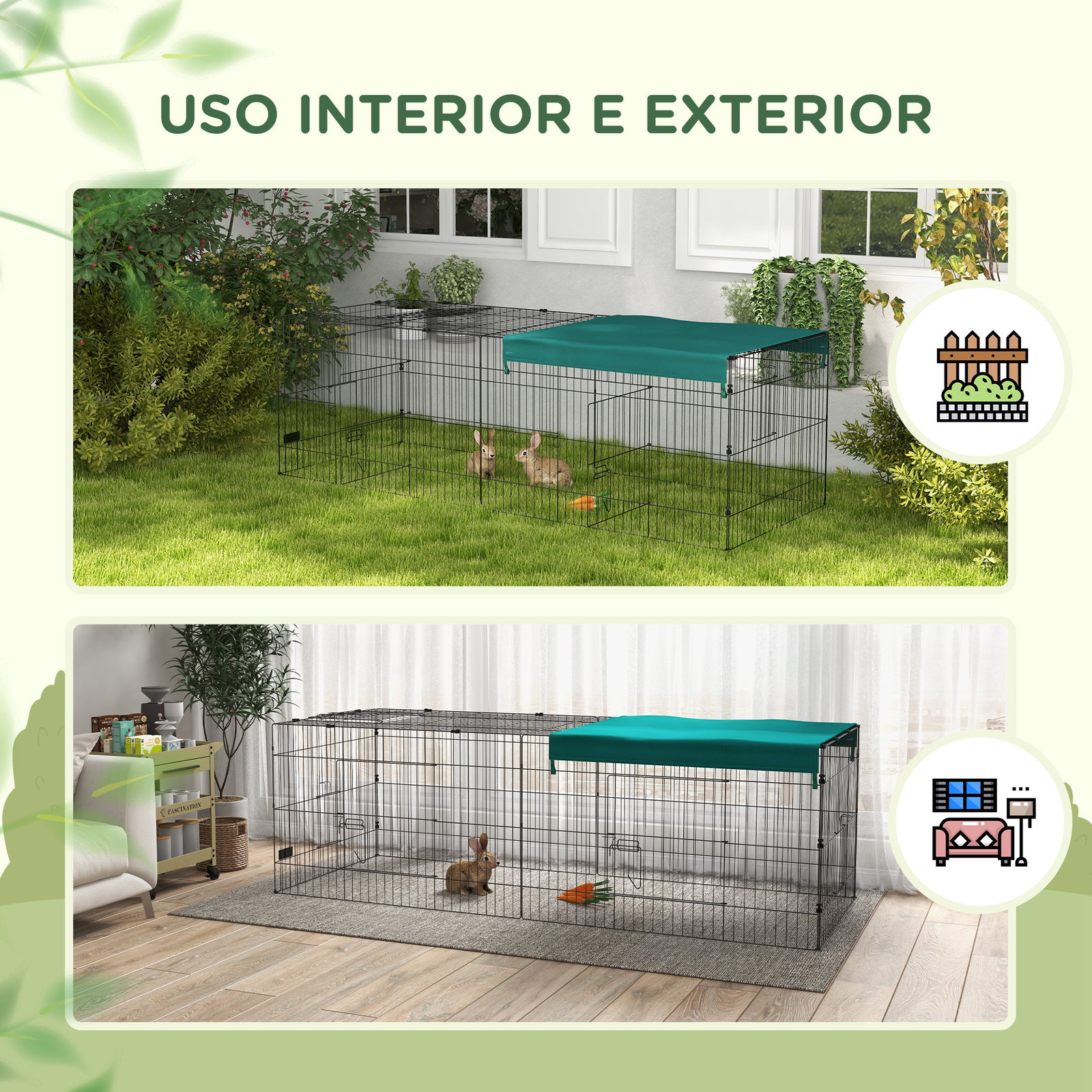 Gaiola para animais pequenos gaiola para roedores de aço com porta e toldo para coelhos chinchilas galinhas 220x85x70 cm verde