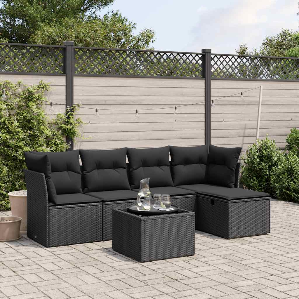 6 Pcs conjunto sofás de jardim c/ almofadões vime PE preto