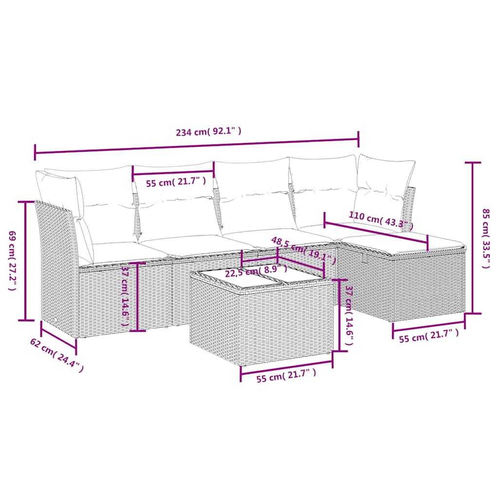 6 Pcs conjunto sofás de jardim c/ almofadões vime PE preto