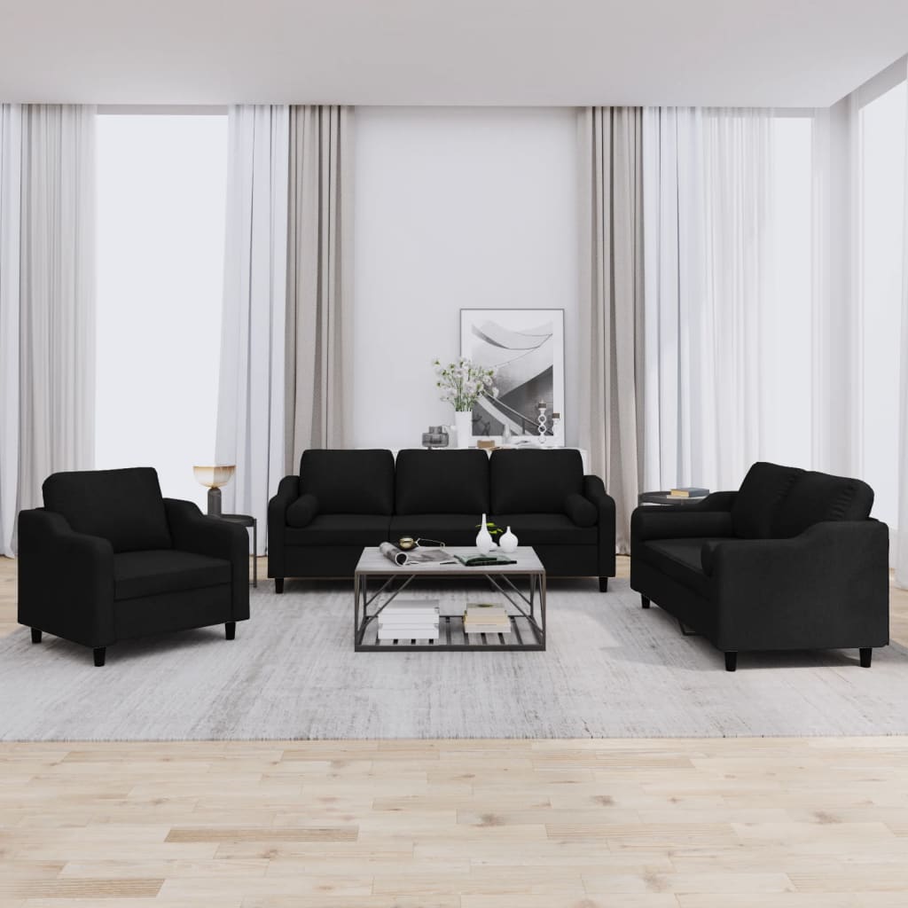 3 Pcs conjunto de sofás com almofadas tecido preto