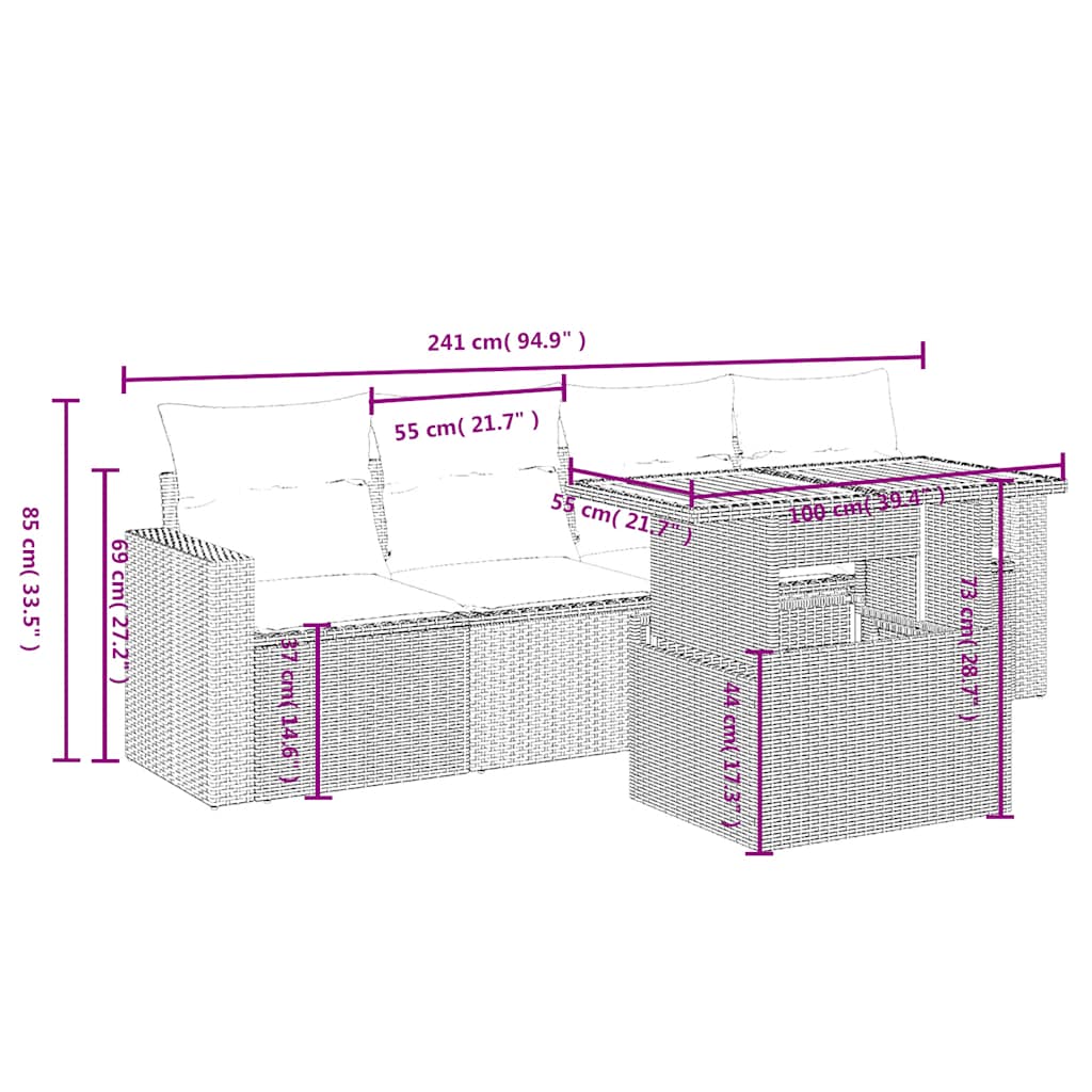 5 Pcs conjunto sofás de jardim com almofadões vime PE preto