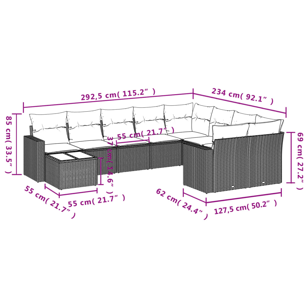 10 Pcs conjunto de sofás p/ jardim com almofadões vime PE bege