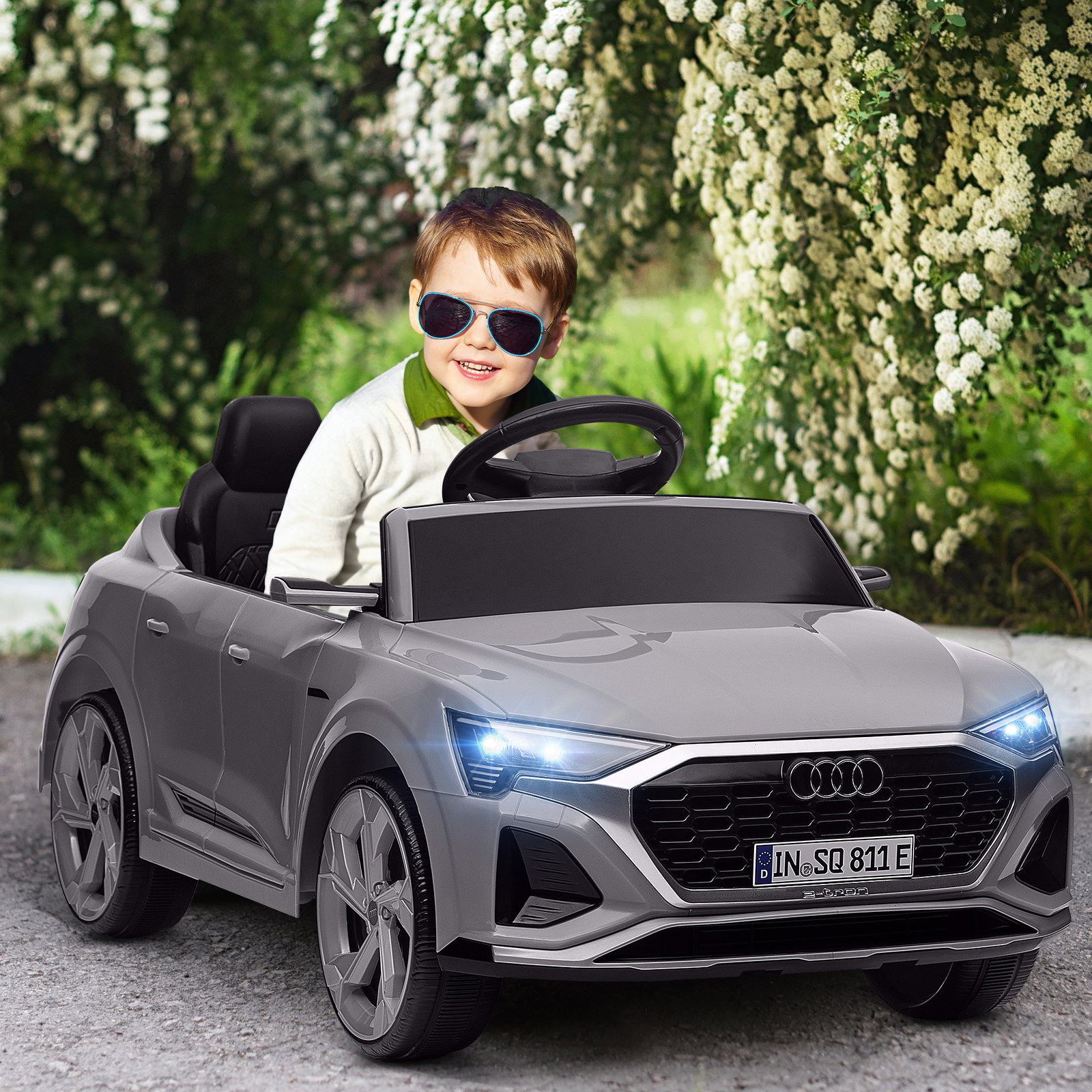 Carro elétrico para crianças carro audi q8 etron sportback infantil 12v faróis buzina e música 98x49,5x43 cm cinza