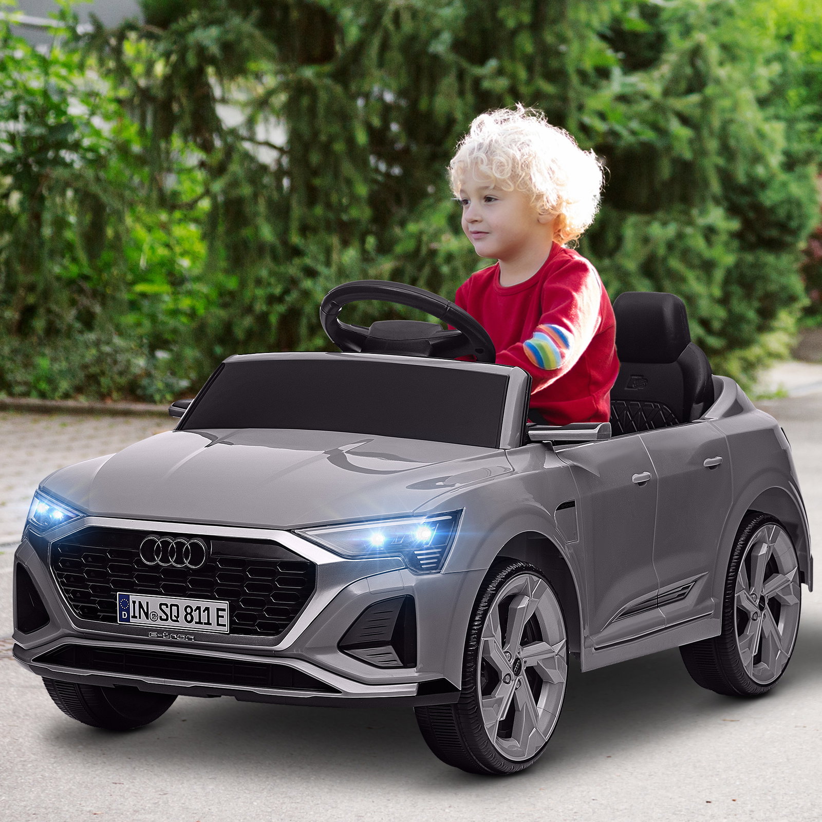 Carro elétrico para crianças carro audi q8 etron sportback infantil 12v faróis buzina e música 98x49,5x43 cm cinza